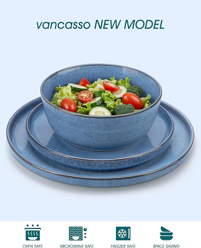 vancasso ANYA 18 Pieces Plates and Bowls Set, Blue Dinnerware Sets, Reactive Glaze Dishes Set for 6, Ceramic Dishware Sets Kitchen Dinner Set, Microwave & Dishwasher Safe