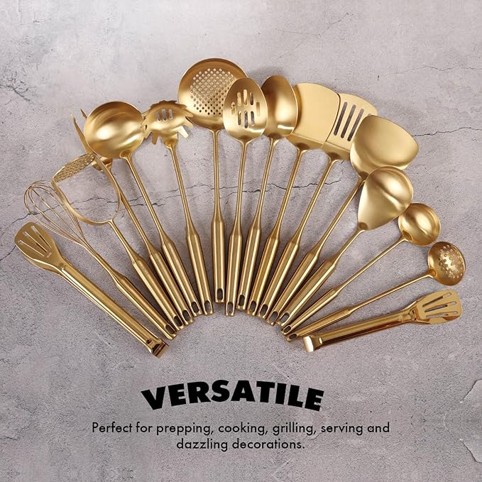 Gold Cooking Utensils Set - 18/10 Stainless Steel Small and Large Spoons Set, 16 PCS All Metal Kitchen Tools, Serving Utensils - Whisk, Masher, Fork, Tongs, Spatula, Turner, Ladle, Skimmer, Pasta