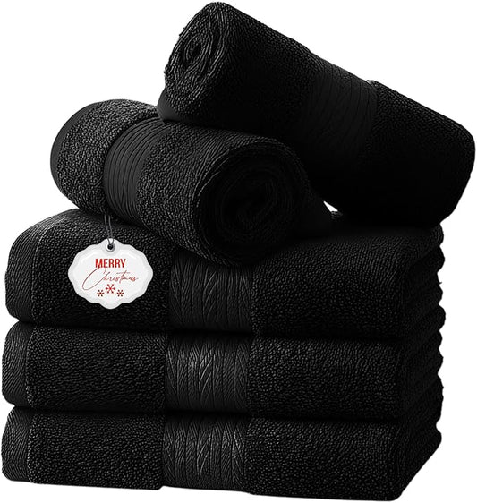 Ample Decor Washcloths Pack of 5 12 X 12 Inch 100% Cotton 600 GSM, Soft Absorbent and Reusable Fingertip Towels, Ideal for Bathroom and Powder Room - Black
