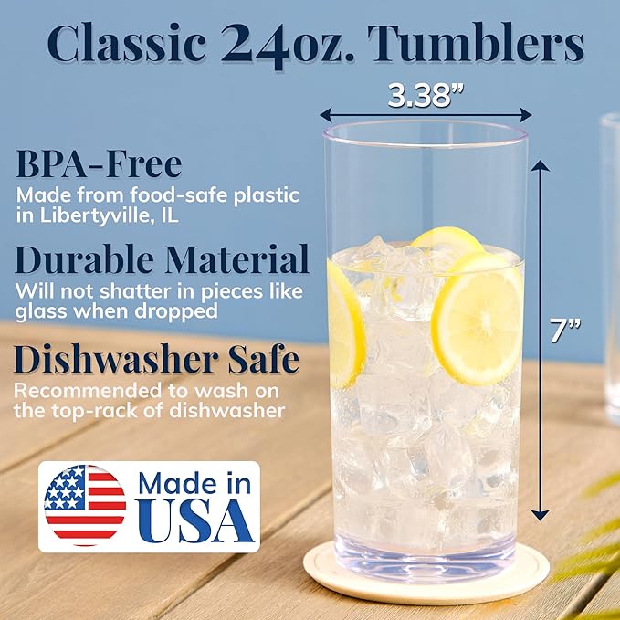 US Acrylic Classic Clear Plastic Reusable Drinking Glasses (Set of 6) 24oz Iced-Tea Cups | BPA-Free Tumblers, Made in USA | Top-Rack Dishwasher Safe