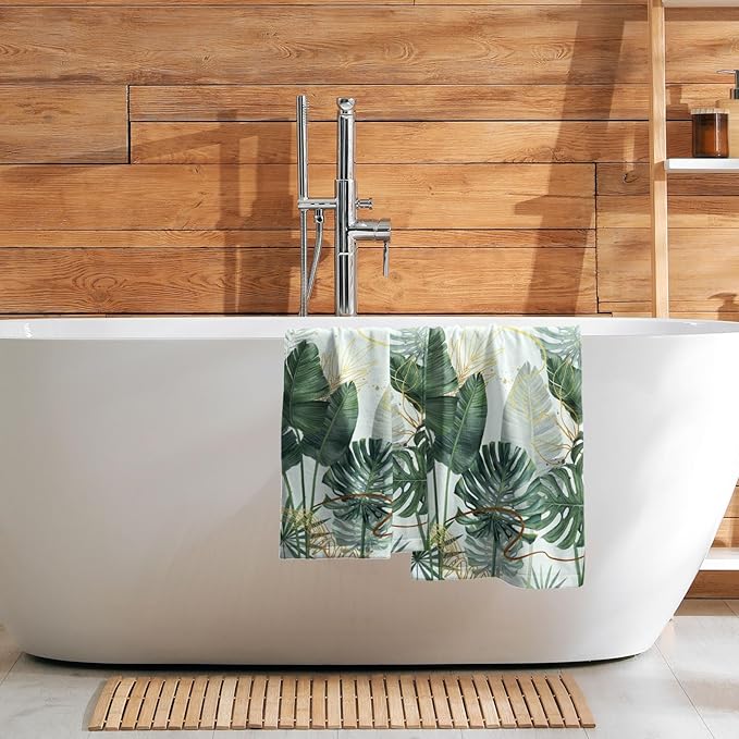 Imiss Palm Leaf Tropical Hand Towel Set of 2,Summer Green Gold Leaves Botanical Kitchen Dish Towels 14.4 x 28.3 Inch Soft Bathroom Guest Towels for Spa Yoga Gym Decor