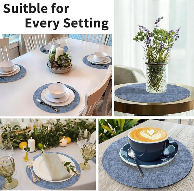 Maxpearl Round Placemats Set of 6, 13.8 inch Faux Leather Heat Resistant Table Mats, Non Slip Waterproof Wipeable Place Mats for Kitchen Dining Holiday Party Table Settings, Blue