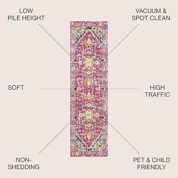 JONATHAN Y Brooklyn Geometric Medallion Red/Pink Runner Rug, 2x8, Vintage, Bohemian, Easy-Cleaning for Living Room, Bedroom, Kitchen, Pet Friendly, Non-Shedding (MDP207C-28)