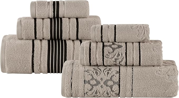 Superior Cotton 6 Piece Assorted Floral Towel Set, Includes 2 Bath, 2 Hand, 2 Washcloth/Face Towels, Quick Dry, Home Essentials, Shower, Spa, Luxury Plush Soft Absorbent Towels, Zero Twist, Stone