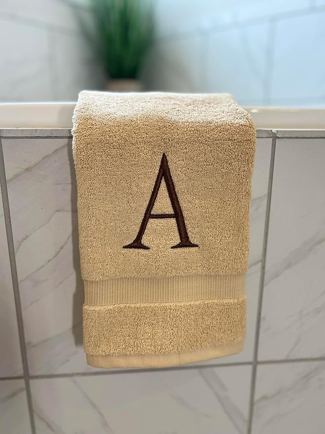 Beige Initial Hand Towel for Bathroom - Monogrammed Luxury Hotel Quality Decorative Embroidered Towel for Powder Room, Spa - GOTS Organic Certified - Set of 2 Brown Letter E