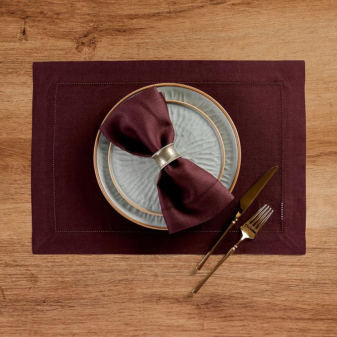 Solino Home Linen Cloth Napkins Set of 4-100% Pure Linen Burgundy Dinner Napkins 20 x 20 Inch for Valentines, Winter, New Year - Classic Hemstitch, Handcrafted and Machine Washable