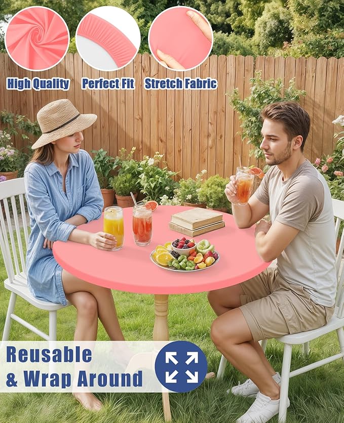 Round Spandex Tablecloth, Elastic Fitted Waterproof Tablecloths for 36"-44" Tables, Stretch Washable Picnic Table Cover for Camping, Dining, Indoor and Outdoor,Coral Red