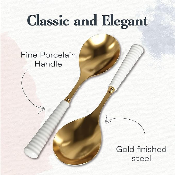 Portmeirion Sophie Conran Salad Servers 10-Inch - Set of 2, Gold Metal Spoons with Fine Porcelain Ripple Handles, Elegant Cutlery for Serving Salads & Dining Presentation