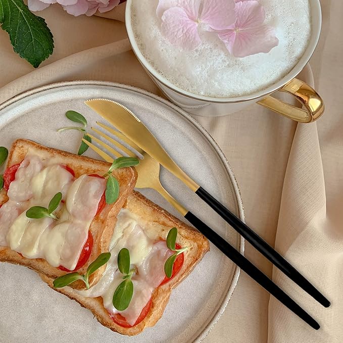 Gold Silverware Set for 8, MIKIWAY Matte Gold With Black Handle Flatware Set, 40 Pieces Stainless Steel Cutlery Tableware Set, Kitchen Utensils Set Include Spoons And Forks Set, Dishwasher Safe