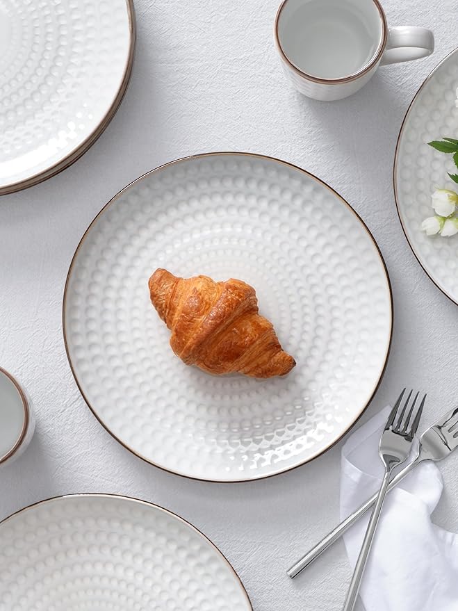 Famiware Eden Plates and Bowls Sets, Stoneware Dinnerware Sets with Gold Trim, 12 Pieces Dishes Set for 4 - Chip and Scratch Resistant, Microwave and Dishwasher Safe, White Circle