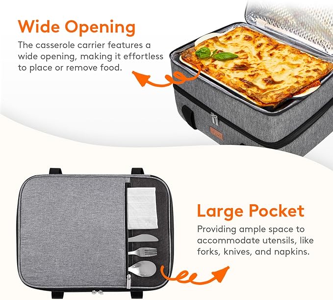 Lifewit Double Decker Insulated Casserole Carrier for Hot or Cold Food, Casserole Dish Carrying Case, Lasagna Holder for Potluck Parties/Picnic/Cookouts, Fits 9"x13" Baking Dish, Grey