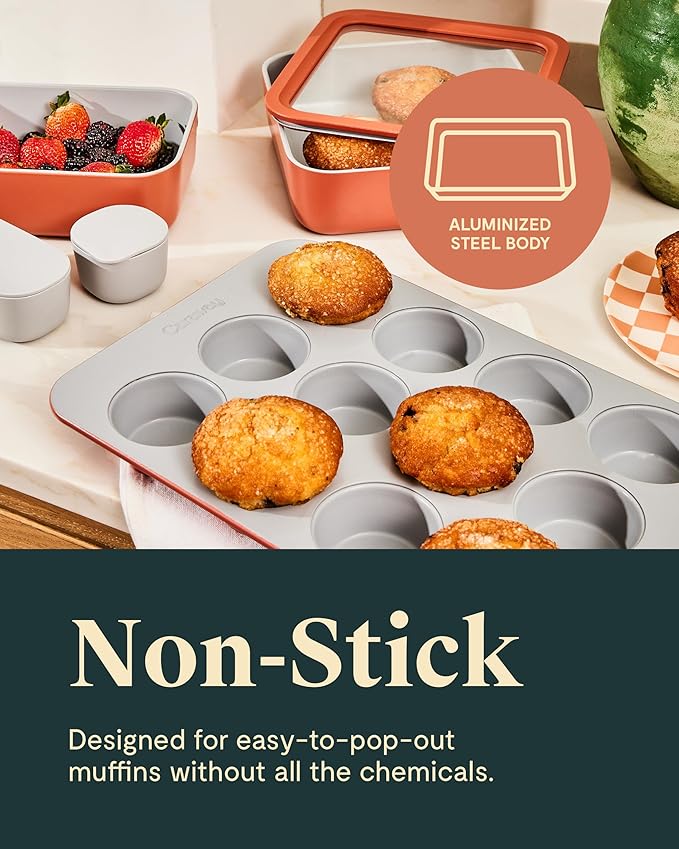 Caraway Non-Stick Ceramic 12-Cup Muffin Pan - Naturally Slick Ceramic Coating - Non-Toxic, PTFE & PFOA Free - Perfect for Cupcakes, Muffins, and More - White
