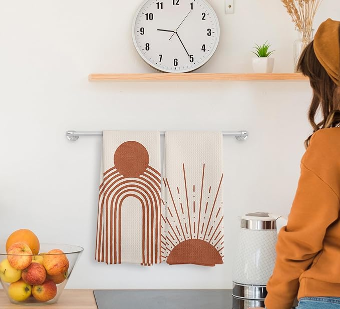 Beige Red Sunrise Moon Rainbow Kitchen Towels and Dishcloths Sets of 2, Bohemian Decorative Towels, Abstract Arch Line Drying Cloth Hand Towels for Bohemian Bathroom Kitchen Decor, 16×24 Inches