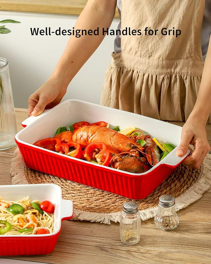 Hasense Casserole Dishes for Oven, Rectangular Baking Dishes Set of 3, Porcelain Lasagna Pans with Handles, Ceramic Baking Pans Set for Cooking, Christmas Party Birthday Gifts, Red(15"/12.2''/8.3'')