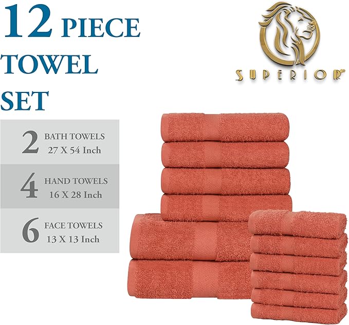 Superior 12-Piece Cotton Assorted Towel Set, Includes 6 Face/Washcloths, 4 Hand, and 2 Bath Towels, Lightweight Essentials, for Home, Gym, Beach, Bathroom, Quick Drying, Franklin Collection, Coral
