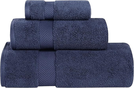 Superior Zero Twist 100% Cotton Towel Set, 3-Piece Set, Extra Soft Bath Towel, Face Towel and Hand Towel, Long-Staple Cotton Towels, Midnight Blue