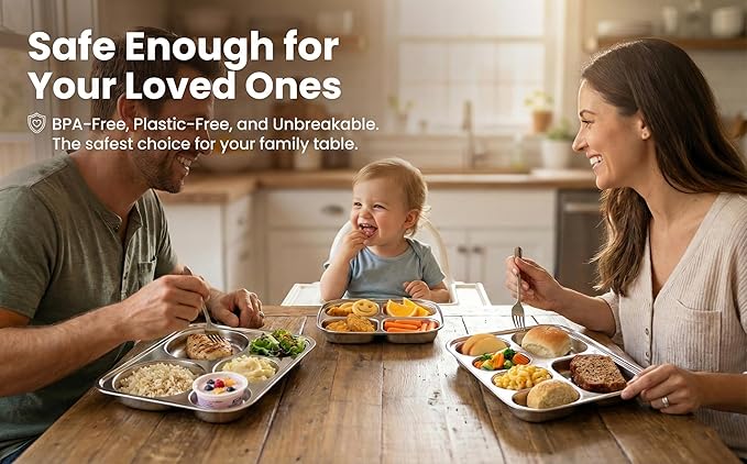 Korean Stainless Steel Divided Round Plates, Little Kids Toddlers Babies Tray, BPA Free, Diet Control, Camping Dishes, 8 Inch Compact Serving Platter, 3 Compartment Plate, Set of 2