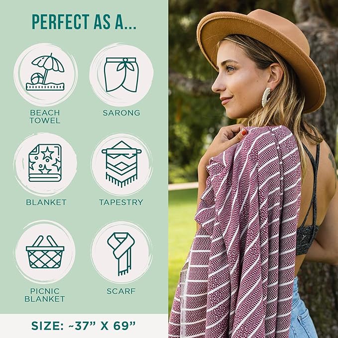 Sand Cloud Turkish Beach Towel - Sand Proof - 100% Certified Organic Turkish Towel - Quick Dry Towel for Beach, Picnic, Blanket or Bath - As Seen on Shark Tank - Gocek Burgundy