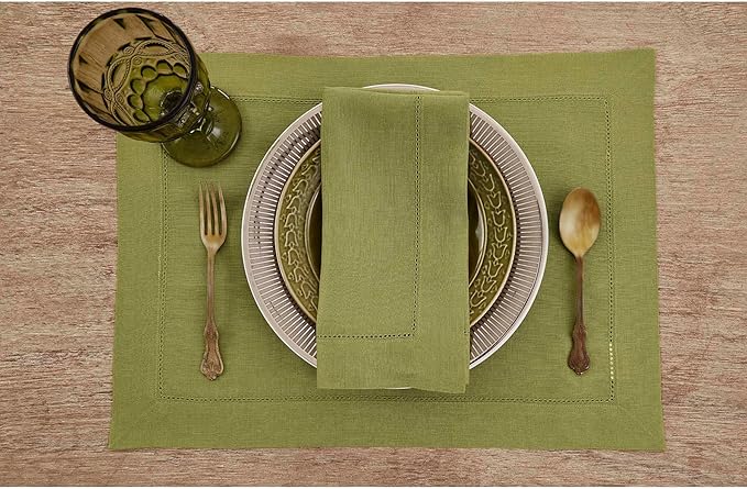 Solino Home Linen Placemats Set of 4 - Classic Hemstitch Avocado Green Placemats 14 x 19 Inch - 100% Pure Linen Table Mats for Winter