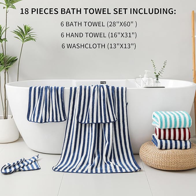 18-Piece Microfiber Bath Towels Set - 6 Bath Sheet, 6 Hand Towels, 6 Washcloths, Soft, Highly Absorbent Bathroom Towel, Quick Dry & Less Lint Shower towel for Bathroom, Hotel, Spa, Dorm-Navy Blue