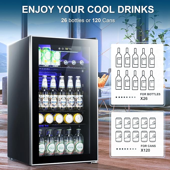 Antarctic Star Beverage Refrigerator -120 Can Mini Fridge for Soda Beer or Wine,Small Drink Dispenser, For Office or Bar with Adjustable Removable Shelves，Convertible Door ，3.1 Cu.Ft