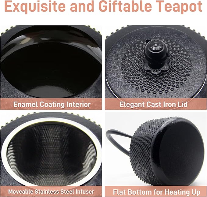 Cast Iron Teapot with Sunflower Pattern,SECHUDO Tea Kettle Coated with Enameled Interior for Loose Tea,Cast Iron Teapot with Stainless Steel Infuser for Stovetop Safe (28.7oz-Black)