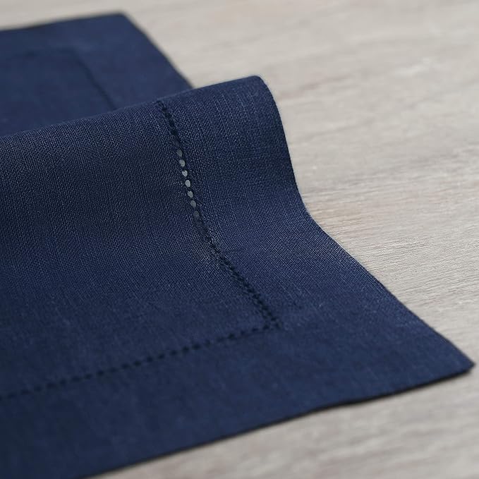 Solino Home Navy Blue Linen Napkins Set of 4-100% Pure Linen Hemstitch Dinner Napkins 20 x 20 Inch for Holiday, Winter, New Year - Classic Hemstitch