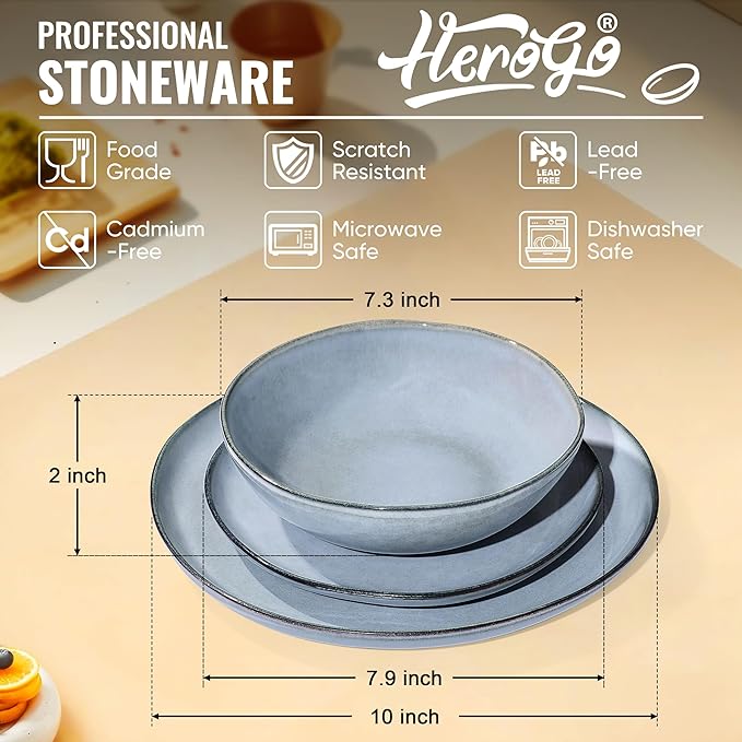 Herogo Stoneware Dinnerware Sets for 6, 18 Piece Ceramic Dinner Dishes Set, Irregular Handmade Plates and Bowls Dishware, Crack and Scratch Resistant, Reactive Glaze, Smoky Blue