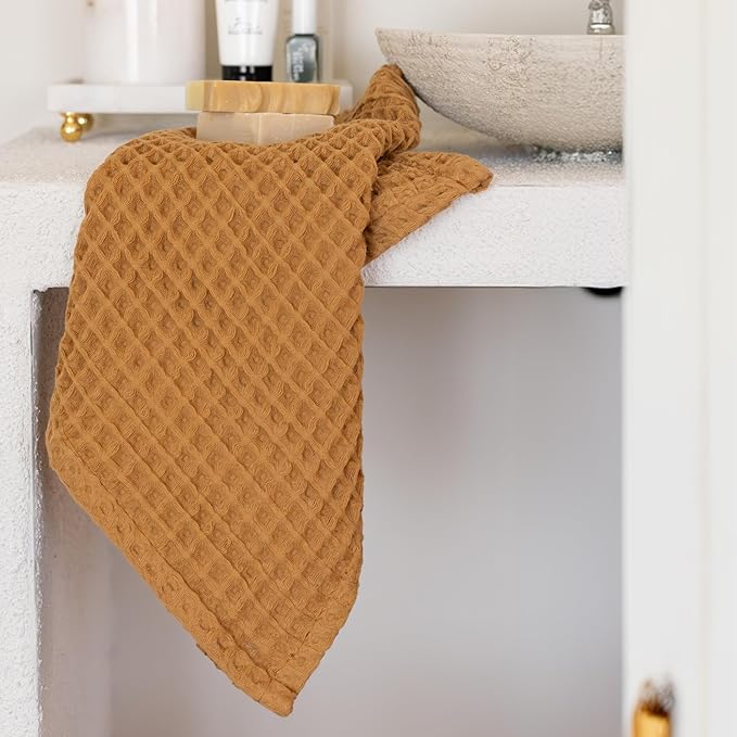 2-Piece Waffle Towels Set for Bathroom Caamel Brown - Soft 100% Turkish Cotton Quick-Dry Lint-Free Waffle Weave Thin Bath and Hand Towels (Caramel, Set of 2 Mix Towels)