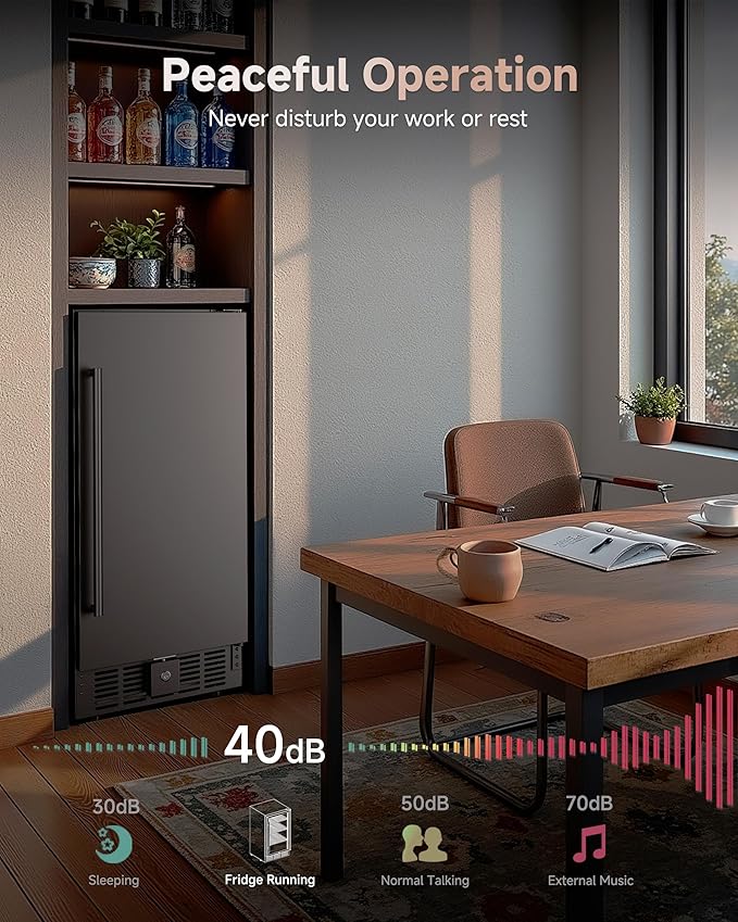 15 Inch Built-In Beverage Cooler, 128 Can Under Counter Fridge with Adjustable Shelves, ≤45dB Quiet Freestanding Beer Refrigerator for Home Bar & Outdoor Use (Black)