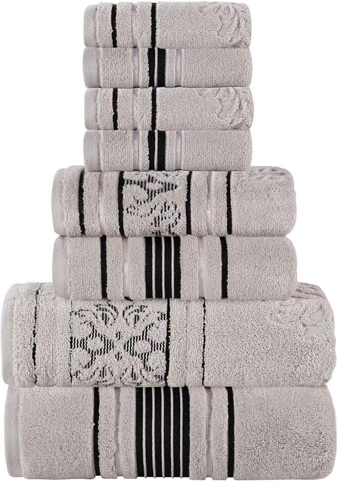 Superior Cotton 8 Piece Assorted Floral Towel Set, Includes 2 Bath, 2 Hand, 4 Washcloth/Face Towels, Quick Dry, Home Essentials, Shower, Spa, Luxury Plush Soft Absorbent Towels, Zero Twist, Platinum