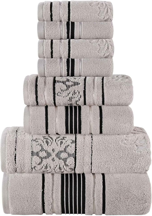 Superior Cotton 8 Piece Assorted Floral Towel Set, Includes 2 Bath, 2 Hand, 4 Washcloth/Face Towels, Quick Dry, Home Essentials, Shower, Spa, Luxury Plush Soft Absorbent Towels, Zero Twist, Platinum