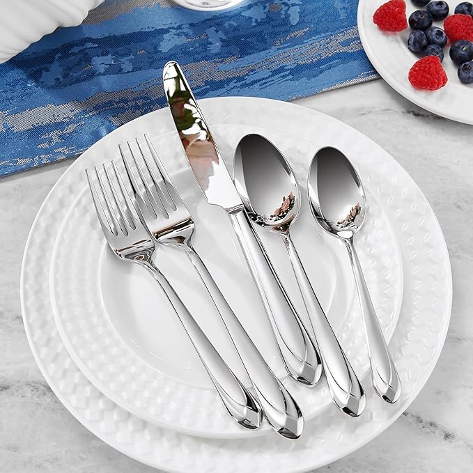 KEAWELL Premium Astra Flatware Set, 65-Piece for 12, Mirror-Finished 18/10 Stainless Steel Silverware, Modern Cutlery Dishwasher Safe for Meals and Gatherings (65, Silver)
