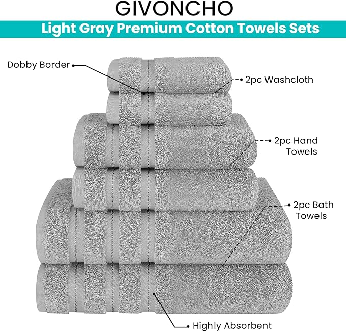 6-Piece 600 GSM Turkish Cotton Towel Set – Luxury Soft & Absorbent Bath Towels, Hand Towels & Washcloths – Premium Bathroom Essentials for Home, Guest Bath & Apartments