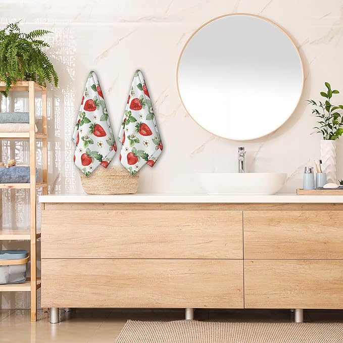 2 Pack Hand Towels for Bath, Watercolor Strawberry Decorative Towels Highly Absorbent Soft Towels for Bathroom Beach Kitchen Spa Gym Face Towel 14x28 Inch