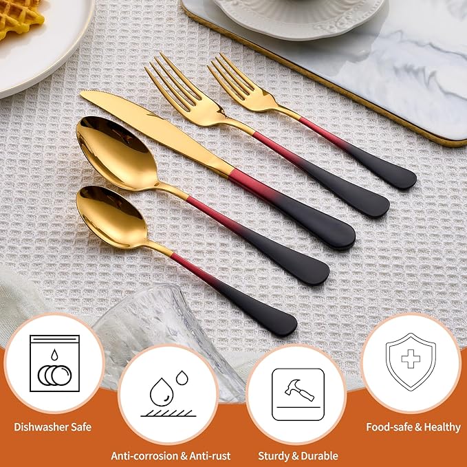 20 Piece Black Red and Gold 18/0 Flatware Utensil Set for 4, Include Dinner Knife,Dinner Forks,Dinner Spoons,Salad Forks,Teaspoons,Silverware Set for 4, Dishwasher Safe