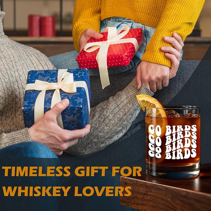 kunlisa Trendy Groovy Go Birds Whiskey Glasses, Football Gifts for Football Fans Lovers Players, 10 oz Drinking Rocks Glasses for Women Men Whisky Cocktail Scotch Bourbon Liquor