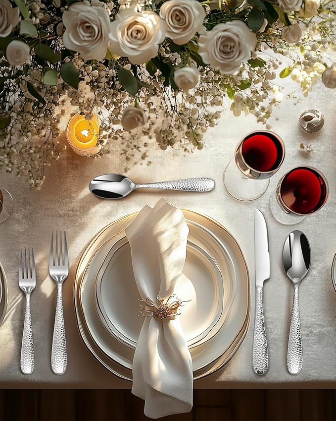 Hammered Silverware Set, EUIRIO 20-Piece Heavy Duty Cutlery Set for 4, Stainless Steel Flatware Set, Food-Grade Utensil Sets Includes Spoons Forks and Knives, Mirror Finish Dishwasher Safe