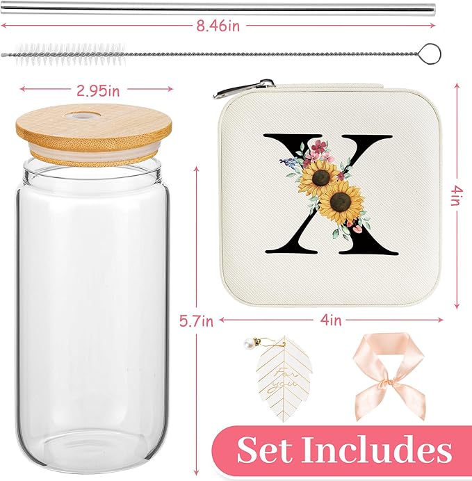 AYGXU Personalized gifts for bridesmaid,16oz glass cups with lids and straws,Jewelry Organizer,Graduation Travel Gifts for Women,Personalized Travel Mini Jewelry Case,Initial X white