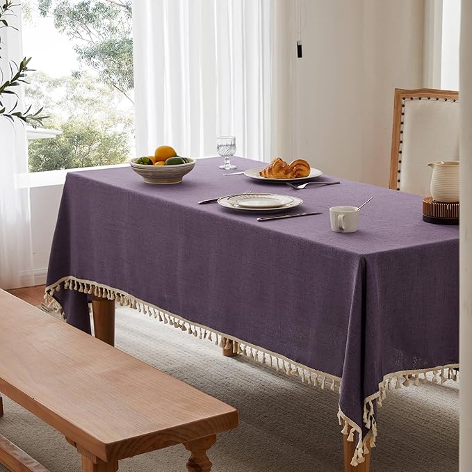 Linen Tablecloth with Tassels, Farmhouse Style Purple Tablecloth, Water Resistant Burlap Tablecloths for Rectangle Table, 52x70 Inch Purple