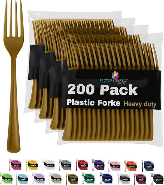 Party Solids Gold Plastic Forks 200 Pieces Gold Forks Disposable Utensils Heavy Duty Plastic Cutlery Set Disposable Cutlery Sets Flatware Sets Silverware Set Party Supplies & Party Tableware