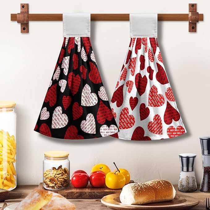 Valentines Day Hand Tie Towel I Love You Heart Hanging Kitchen Towels White Black Valnetine's Love Dish Tea Towels with Hanging Loop Absorbent Practical Bathroom Kitchen Decor