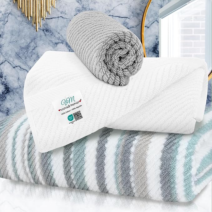 VOOVA & MOVAS 3PCS Bathroom Towels, 100% Cotton, Quick Dry, Thick, Soft, 1PC Stripe Bath Towel 30"x54", White Hand Towel 18"x28", Gray Washcloth 13"x13", Bathroom Essentials