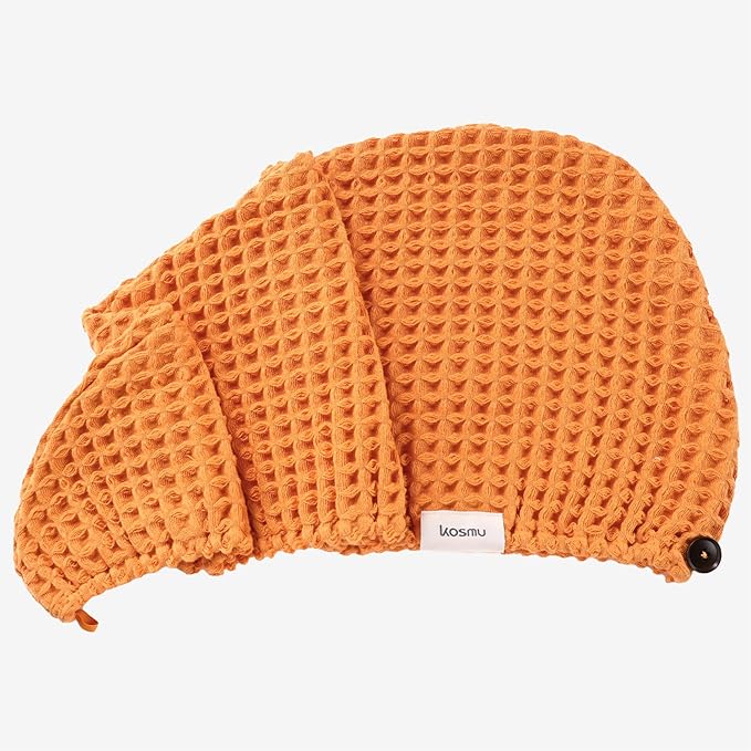 100% Organic Cotton Hair Drying Waffle Towel Wrap for Women | Absorbent & Quick Dry Head Turban for Wet Hair in Shower Sauna Spa, Extra Large for Long Straight Curly Plopping Button (Orange, 1 PACK)