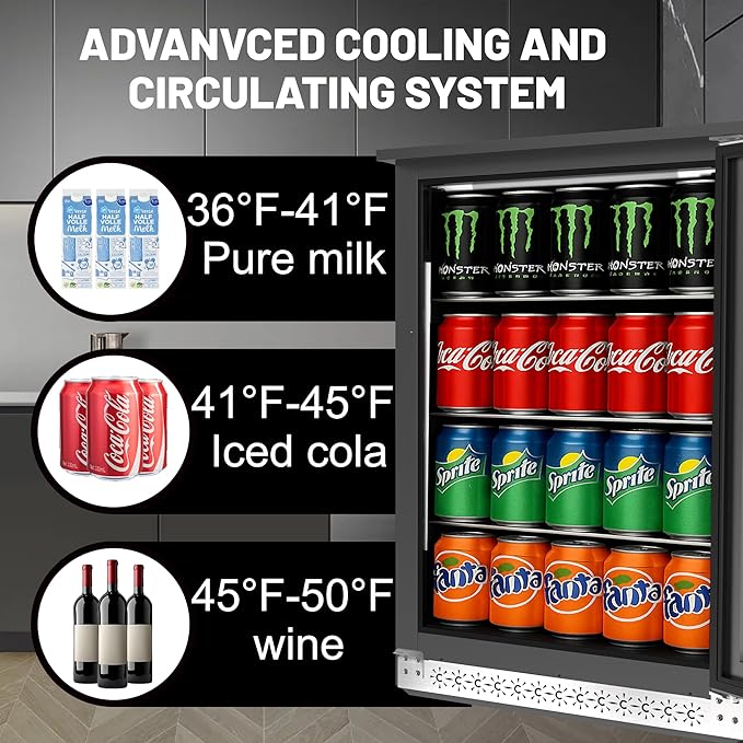 20 Inch Under Counter Beverage Fridge with Glass Door, Beverage Refrigerator Cooler 120 Can,Built in or Freestanding,Fast Cooling,Quiet ≤39 dBs,Blue LED Light Cooler for Bar, Home, Office