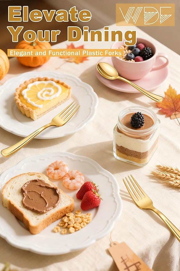 WDF 100 Pcs Gold Plastic Forks Heavy Duty - BPA-FREE, Sturdy&Durable Forks Disposable 7.4inch - Elegant Gold Forks for Dessert, Durable Plastic Cutlery for Thanksgiving Party, Wedding or Daily Using