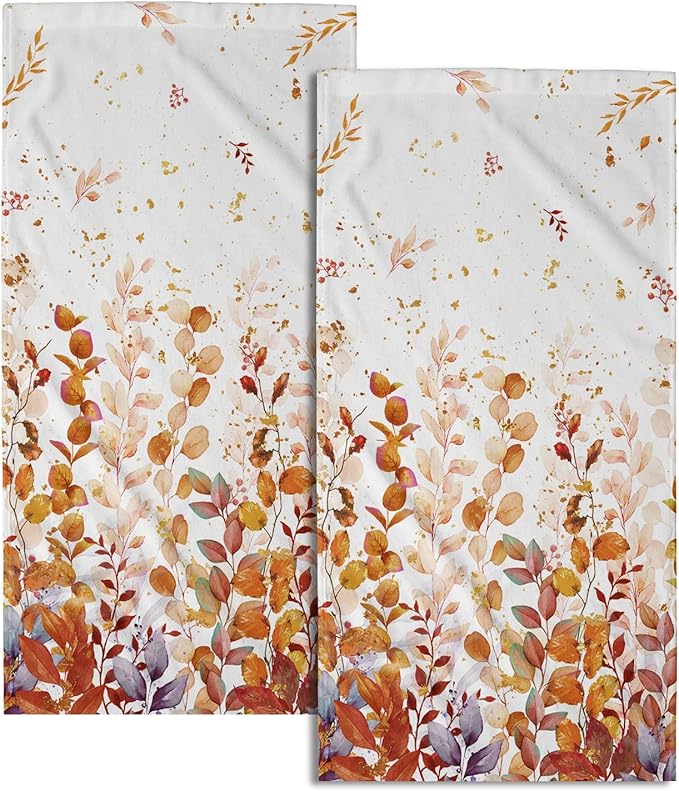 Imiss Orange Eucalyptus Hand Towel - Watercolor Autumn Plant Leaves Dish Towels Soft Absorbent Tea Towels Multipurpose for Gym,Spa,Hotel Decor，2Pcs