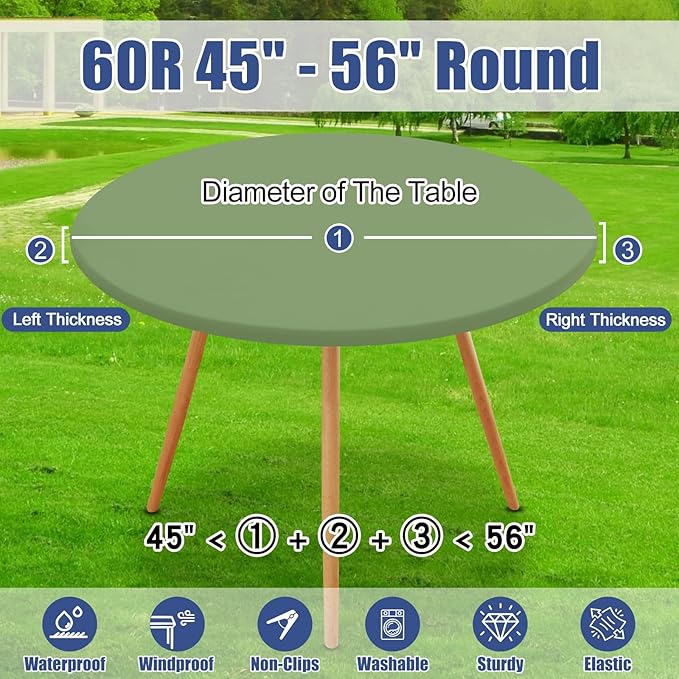 Round Spandex Tablecloth, Elastic Fitted Waterproof Tablecloths for 45"-56" Tables, Stretch Washable Picnic Table Cover for Camping, Dining, Indoor and Outdoor, Sage Green