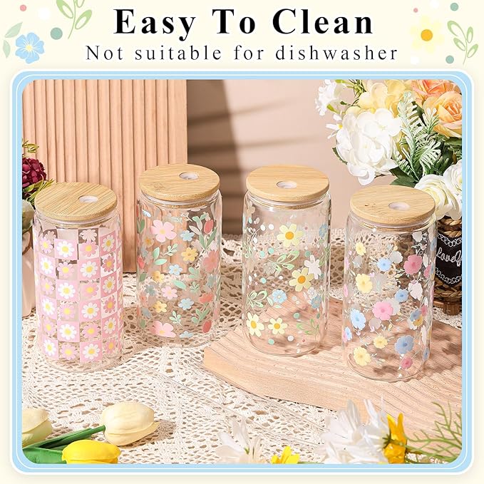 Mumufy Gift for Women Cute Glass Cup Tumbler Flower Iced Coffee Mugs 16 oz Glass with Bamboo Lid & Straw, Mothers Day Birthday Gift for Mom Sister Bridesmaid Baby Shower(4 Pack, Pastel Flower)