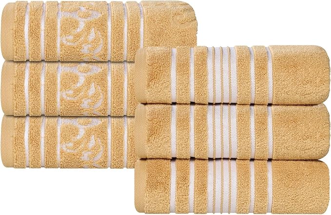 Superior Cotton Hand Towel Set, Small Towels, Plush Soft Absorbent Bathroom Basics, Home Essentials, Spa, Salon, Hotel, Kitchen, Luxury Quick Drying, Zero Twist, Assorted Design, Set of 6, Gold